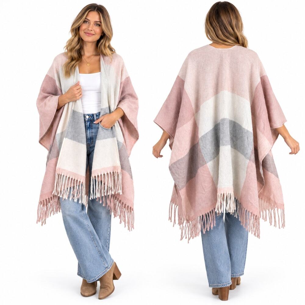 Woolrich Women’s One Size Pink Gray Colorblock Poncho Wrap Cape Fringe Boho